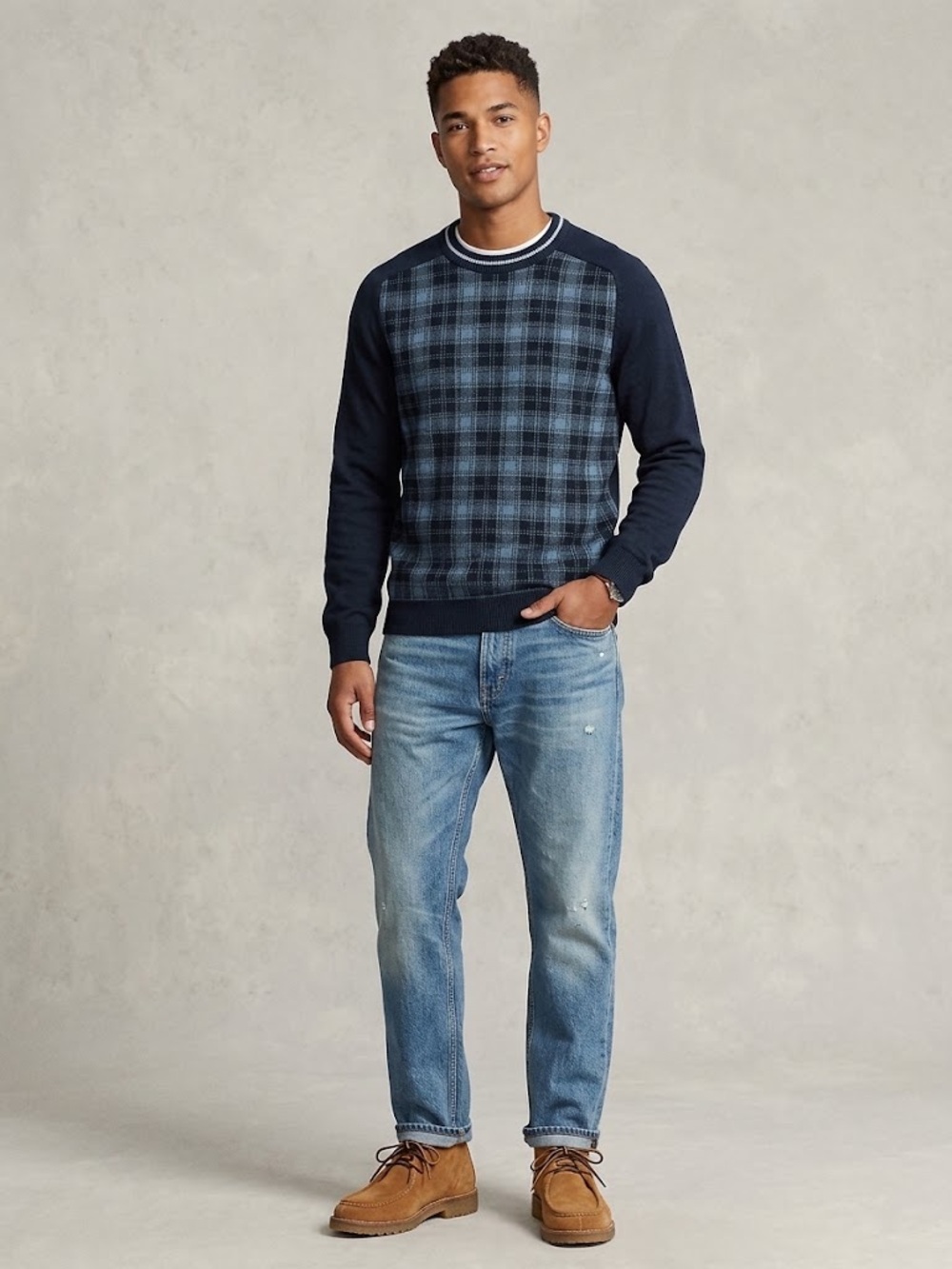 Class Club Navy and Light Blue Plaid Crewneck Sweater
